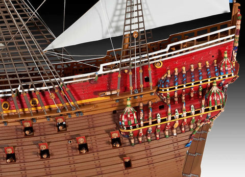 Close-up of the Vasa 1628 Ship Model Kit 05414, showing detailed wooden carvings and rigging on the Swedish warship replica.