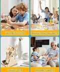 Children and adults engaging with Six In One STEM Kit For Kids Ages 8 To 13, Wooden 3D Puzzles And Building Projects