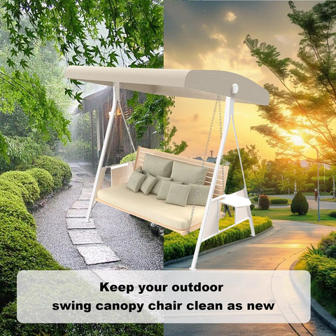 Waterproof Swing Canopy Replacement For 3 Seater Patio Chairs No-Fuss Easy Install Top Cover Beige Garden Porch Hammock Shelter 210D Oxford Cloth Weatherproof Protection For All Weather on a 3-seater swing with cushions.