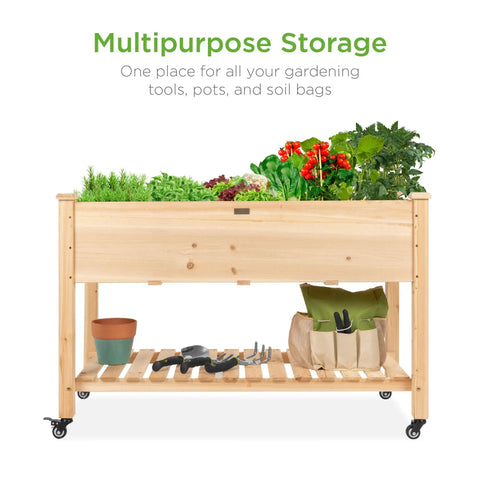 Mobile Raised Garden Bed On Wheels With Locking Casters 48 By 24 By 32 Inch Elevated Planter With Storage Shelf Protective Liner