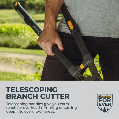 Man holding Heavy Duty Extendable Lopper With 25 To 37 Inch Telescoping Handles, Lever Action Bypass Blade, Manual Tree Limb Cutter.