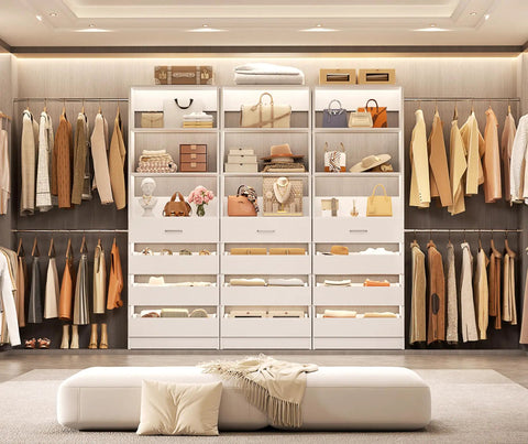 Slick Modular Closet System With Twelve Roomy Drawers And Four Heavy Lifting Rods Adjustable From Eight Point Five To Eleven Point Five Feet for organized storage.