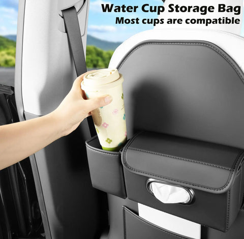 Custom Fit Seat Back Kick Protector And Rear Organizer For Tesla Model Y Model 3 Model S And X showing a cup holder and tissue compartment.