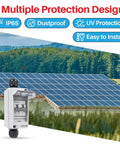 Rock Solid Solar Panel Disconnect Switch With 30 Amp And 550 VDC Rating Featuring IP65 Weatherproof Outdoor Enclosure next to solar panels.