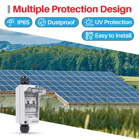 Rock Solid Solar Panel Disconnect Switch With 30 Amp And 550 VDC Rating Featuring IP65 Weatherproof Outdoor Enclosure next to solar panels.