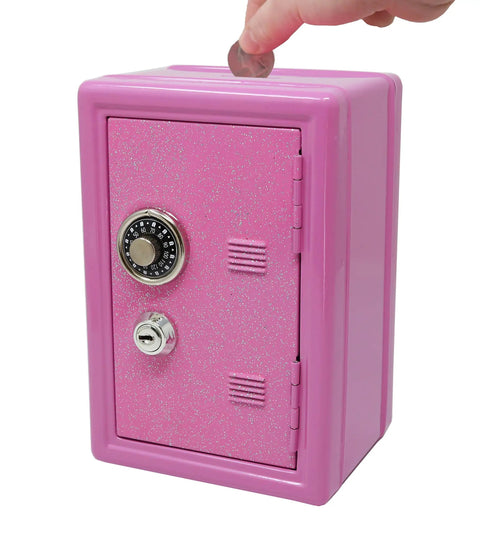 Pink Mini Locker Safe for Kids With Easy Combination Lock and Spare Key, 7x4x4-inch piggy bank with hand inserting coin
