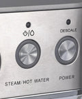 Control panel of Quick Bean To Cup Coffee Machine With Built In Grinder showing steam, descale, and power buttons, sleek stainless steel design.