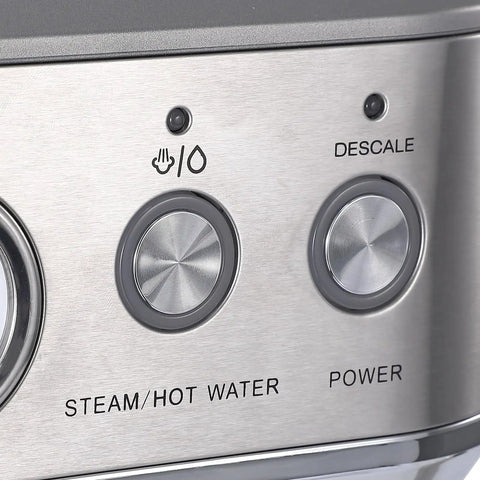 Control panel of Quick Bean To Cup Coffee Machine With Built In Grinder showing steam, descale, and power buttons, sleek stainless steel design.