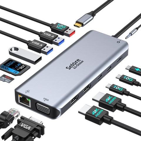 Triple Display USB C Docking Station For Laptops And Windows, 3 Monitors With 2 HDMI And VGA, showing multiple cables and ports