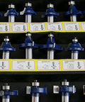 Close-up of router bits from the 80 Piece One Half Inch Shank Carbide Router Bit Set for Woodworking with labeled slots.