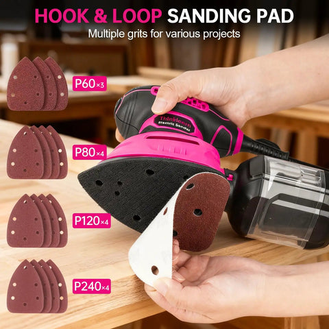 Detail Sander 13000 RPM Compact Electric Sanding Tool with sanding pads displayed on wooden surface