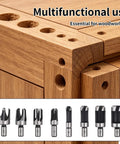 Eight Piece Premium Black Wood Plug Cutter Drill Bit Set Featuring Straight And Tapered Shapes With A Heavy Duty Hex Shank For Knocking Out Clean Plugs and Nailing The Build On Your Next Weekend Warrior Project arranged on wood.