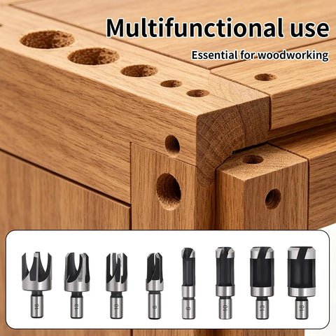 Eight Piece Premium Black Wood Plug Cutter Drill Bit Set Featuring Straight And Tapered Shapes With A Heavy Duty Hex Shank For Knocking Out Clean Plugs and Nailing The Build On Your Next Weekend Warrior Project arranged on wood.