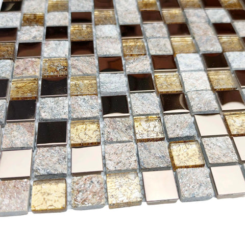 Rose Gold Glitter Glass Stone Mosaic Tile Set For Kitchen Backsplash And Fireplace Accent, 12x12 Inch Mesh Mounted Sheets, Mixed Metal Glass And Stone With Copper Gold Finish, Elegant Modern Backsplash Decor