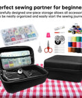 Portable Mini Sewing Machine For Beginners With An Integrated Storage Kit on checkered cloth