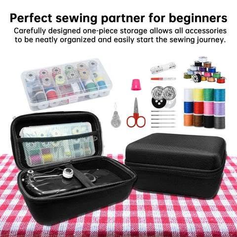 Portable Mini Sewing Machine For Beginners With An Integrated Storage Kit on checkered cloth