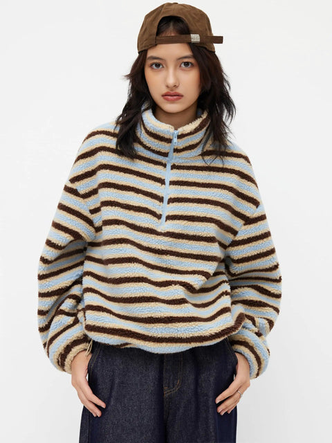 Cozy Fleece Stripe Stand Collar Drawstring Half Zip Oversized Sweatshirt Sky Blue Medium For Everyday Comfort And Chill Vibes