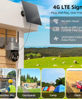 Solar Powered Outdoor Security Camera Wireless 2K WiFi With 360 Degree PTZ Color Night Vision mounted on wall with solar panel
