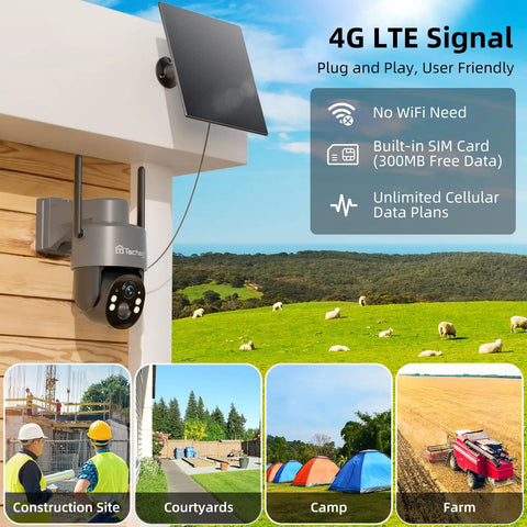 Solar Powered Outdoor Security Camera Wireless 2K WiFi With 360 Degree PTZ Color Night Vision mounted on wall with solar panel