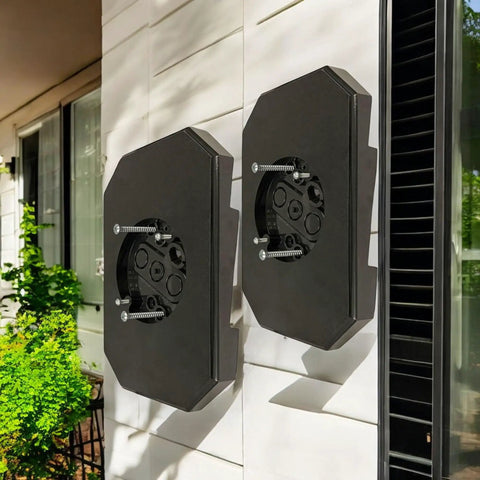 Black Siding Mounting Block With Built In Electrical Box For Outdoor Lighting UL Listed Double Mount For Half Inch Lap Siding 4 Inch Hook Support Light Fixture Kit Exterior Lighting Base 2 Pack installed on white lap siding