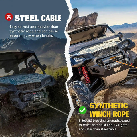Comparison of steel cable and 3/16 Inch 50 Foot Synthetic Winch Rope Kit With 8200 Lbs Capacity for off-road recovery