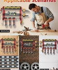 Different installations of Heavy Duty Power Tool Organizer With Charging Station, 3 Layer Wall Mount Rack With Screwdriver Tray, 6 Drill Holder Slots And 8 Outlet Power Strip, 80 Lb Capacity, Perfect Garage And Workshop Storage, Red.
