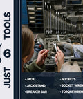 Two people selecting a socket wrench from a tool kit, with text listing essential tools for car maintenance.
