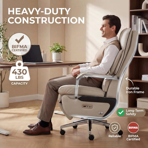Man sitting on Dual Motor Executive Reclining Office Chair With Footrest And Massage Lumbar Support One Click Electric Recline