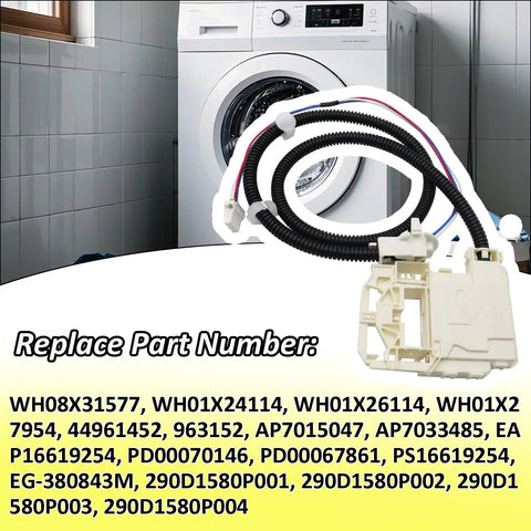 Washing Machine Lid Lock Switch Assembly Replacement For Compatible Models Easy Installation High-Durability Component Fits WH08X31577 WH01X24114 WH01X26114 WH01X27954 44961452 963152 AP7015047 AP7033485, front view