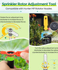 Sprinkler rotor adjustment tool for 18 Piece Variable Arc Sprinkler Nozzle Kit With Rotor Adjustment Tool And Spare Filters, showing usage steps.