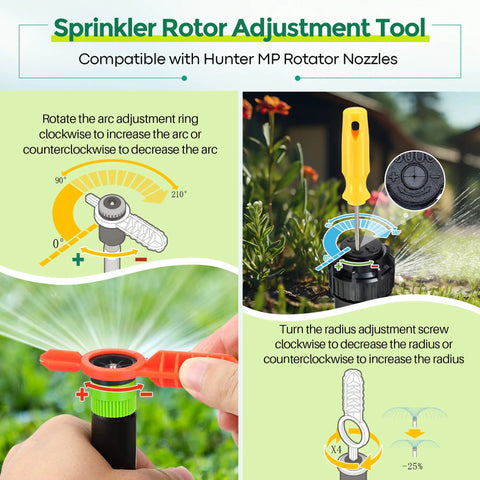 Sprinkler rotor adjustment tool for 18 Piece Variable Arc Sprinkler Nozzle Kit With Rotor Adjustment Tool And Spare Filters, showing usage steps.