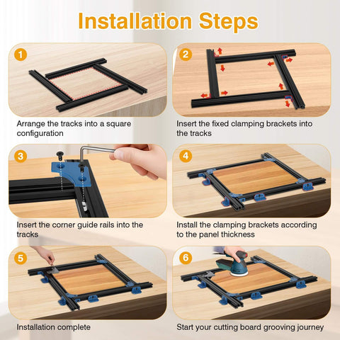Installation steps for Adjustable Router Jig For Cutting Boards Up To 18 By 18 Inches with clamping and grooves instructions.