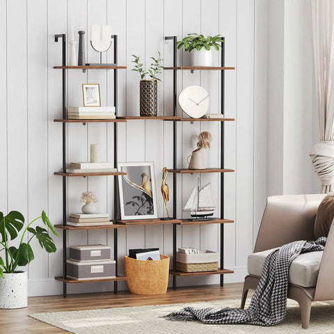Top Tier 6 Tier Ladder Shelf Wall Mounted Wooden Bookcase Rustic Brown Black Storage Rack Plant Display Stand Killer Quality Game Changer Space Saver For Living Room Or Bedroom