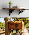 Heavy Duty Cast Iron Shelf Brackets 12 Inch Vintage Bird And Vine Decorative Corbels 4 Pack Wall Support Braces used for a shelf and mailbox.