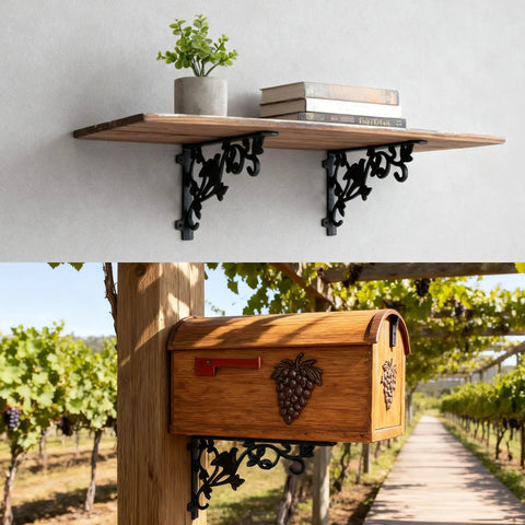 Heavy Duty Cast Iron Shelf Brackets 12 Inch Vintage Bird And Vine Decorative Corbels 4 Pack Wall Support Braces used for a shelf and mailbox.