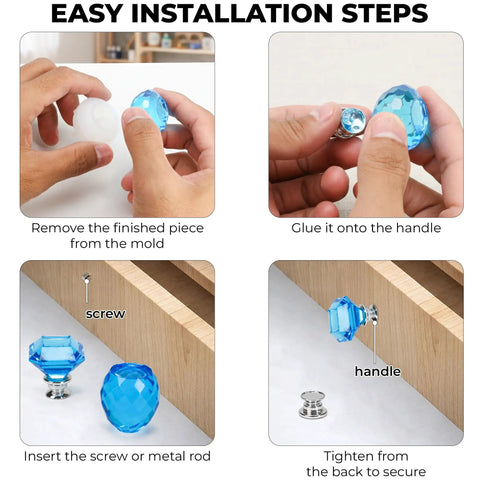 Four Piece Door Knob Molds For Epoxy Resin, DIY Crystal Silicone Casting Kit installation steps, showing assembly process