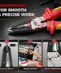 Pro Grade 1000V Insulated Pliers Set For Electricians, 4 Piece Heavy Duty Cr-Mo Tools With 8 Inch Combination Pliers, 8 Inch Needle Nose Pliers, 8 Inch Wire Stripper, And 7 Inch Diagonal Cutters, wire stripper close-up