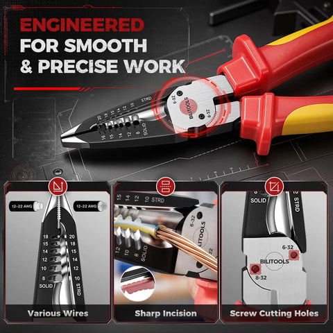 Pro Grade 1000V Insulated Pliers Set For Electricians, 4 Piece Heavy Duty Cr-Mo Tools With 8 Inch Combination Pliers, 8 Inch Needle Nose Pliers, 8 Inch Wire Stripper, And 7 Inch Diagonal Cutters, wire stripper close-up