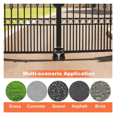 Heavy Duty Spring Loaded Caster Wheels 600 Pound Gate Rollers For Metal Tubing under a decorative gate on various surfaces.