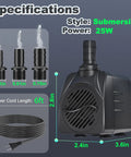 Submersible Pump 400GPH Ultra Quiet With Overheating Protection, side view showing dimensions, power cord, and nozzle attachments.