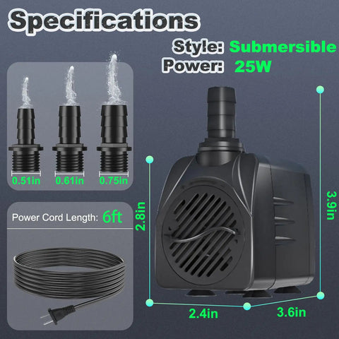 Submersible Pump 400GPH Ultra Quiet With Overheating Protection, side view showing dimensions, power cord, and nozzle attachments.