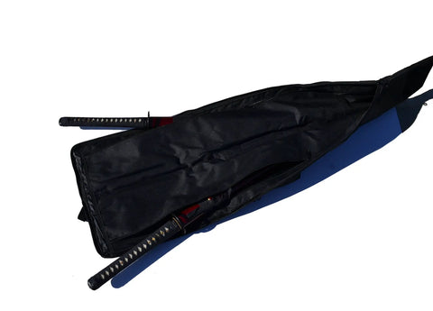 Open 50 Inch Dojo Sword Carrying Bag For Katana Iaito Bokken Shinai, showing dual compartments and cushioned protection
