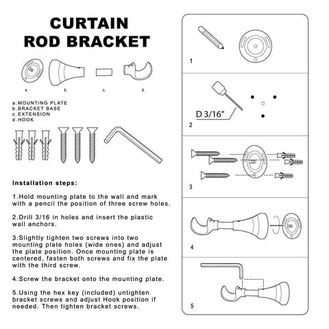 Installation guide for Beefy Heavy Duty Curtain Rod Brackets For Wall Mounts Extra Long 6 Inch Rod Holders For Heavy Curtains Fits Three Quarters To One Inch Rods 2 Pack Extended Wall Mount Brackets Black