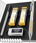 Nicpro Blocky Gear 0.9 mm Mechanical Pencil Set In Metal Case With 2 Tubes 0.9 Hb Lead Refills, Eraser, And 9 Cap Erasers