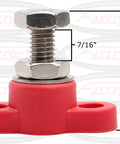 Heavy Duty 3/8 Inch Stainless Steel Single Stud Power And Ground Junction Block In Red And Black With Mounts And Mounting Holes Nylon Construction Integrated Nut For Tightening Includes Stud Covers 404-120 For Complete Installation, red base