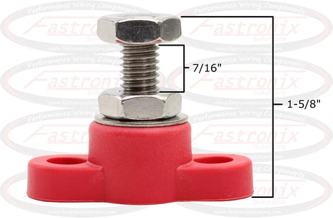 Heavy Duty 3/8 Inch Stainless Steel Single Stud Power And Ground Junction Block In Red And Black With Mounts And Mounting Holes Nylon Construction Integrated Nut For Tightening Includes Stud Covers 404-120 For Complete Installation, red base