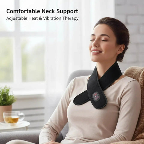 Woman relaxing with Portable Heated Neck Massager Wrap With 3 Heat Levels And 3 Vibration Modes, sitting in cozy home setting.