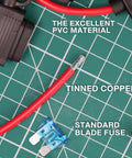 Sweet Ride Essentials 10 Piece Atc Ato Inline Fuse Cable Kit With 18 Awg Wiring Harness And 70 Spare Blade Fuses showing red tinned copper wire, PVC material, and a standard blade fuse.