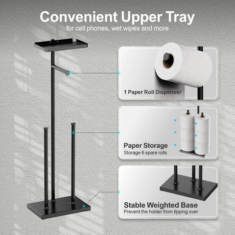 Free Standing Toilet Paper Holder With Shelf For Bathroom Holds Seven Rolls Total With One In Use And Six In Reserve Black Dispenser