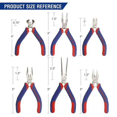 6 Piece Mini Pliers Set For Quick DIY Fixes And Electronics Repair with size reference; needle nose, diagonal, long nose, bent nose, end cutting, and linesman pliers shown.
